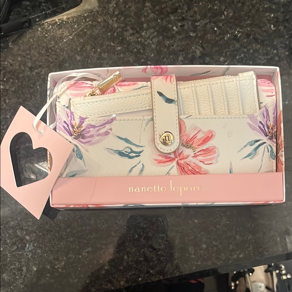 Nanette Lepore Cream Floral Wallet with Pink Accents